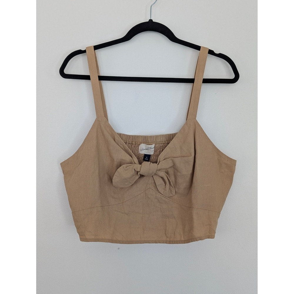 Universal Thread Womens XL Tan Linen Blend Tie Front Smocked Crop Top